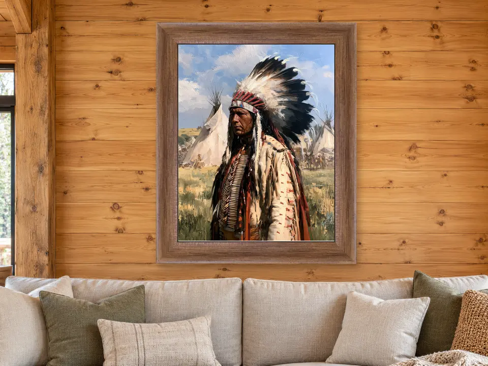 Silent Horizon Feathered Headdress Portrait Framed Wall Art framed on a wall