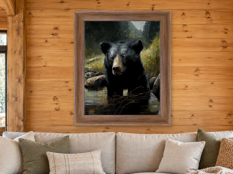 Wistful Gathering Black Bear Framed Wall Art framed on a wall