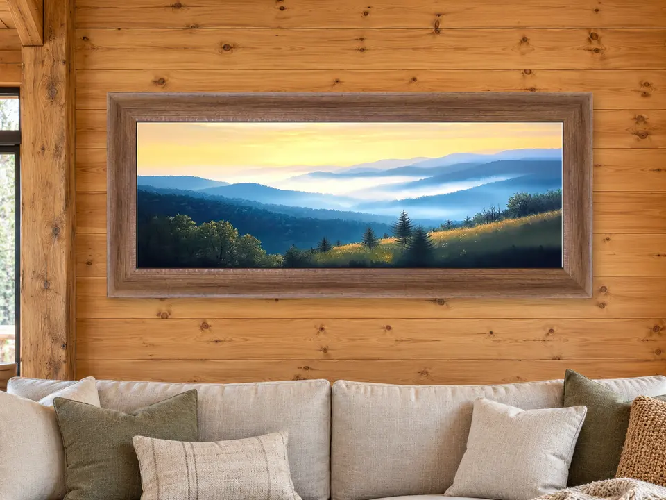 Wistful Journey Mountain Landscape Framed Wall Art framed on a wall