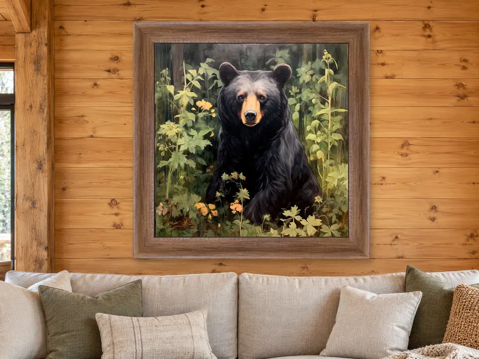Silent Whisper Black Bear Framed Wall Art framed on a wall