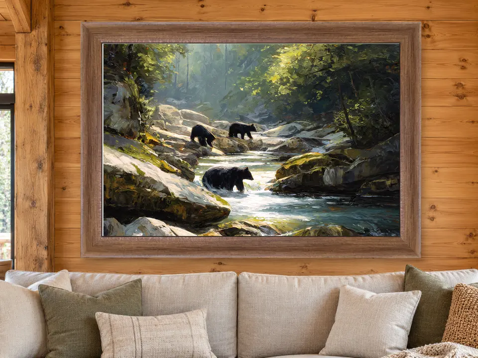 Peaceful Repose Black Bear Framed Wall Art framed on a wall