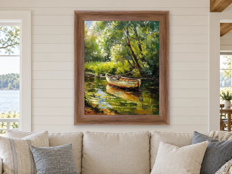 Enduring Daydream Boat Landscape Framed Wall Art framed on a wall