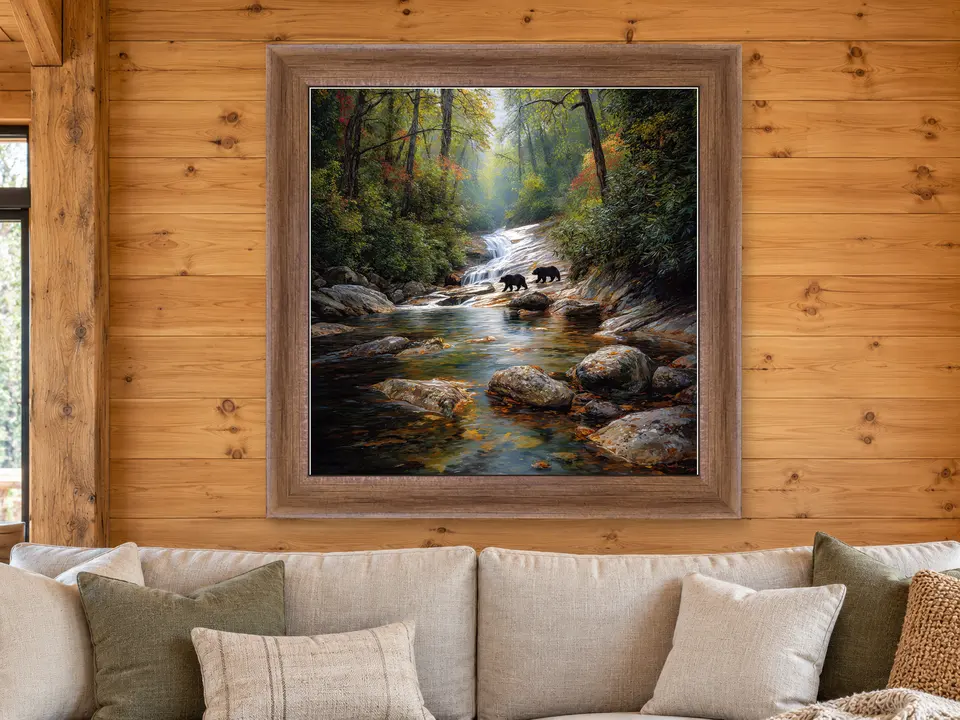Peaceful Impression Mountain Landscape Framed Wall Art framed on a wall