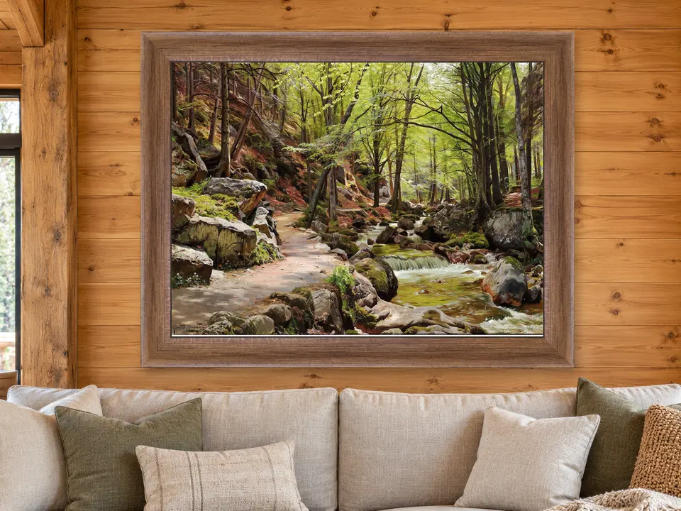 Quiet Daydream Waterfall Framed Wall Art framed on a wall