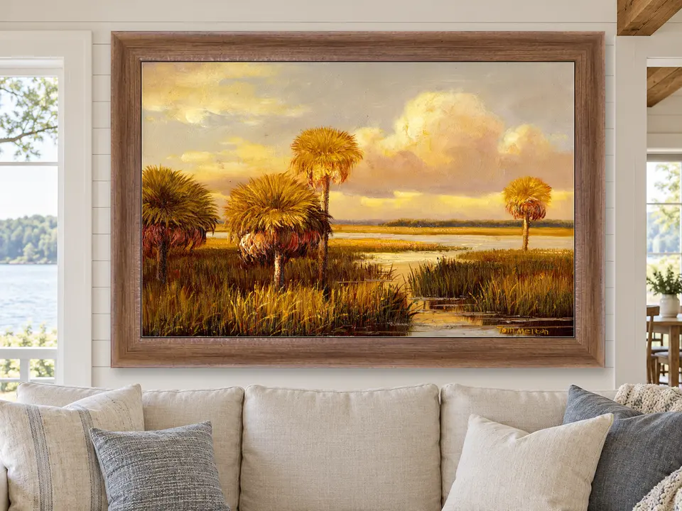 Calm Wander Marsh Landscape Framed Wall Art framed on a wall