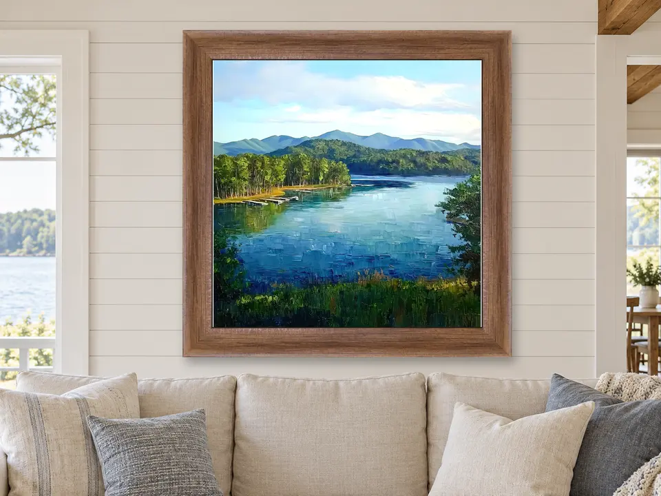 Gentle Breeze Lake Landscape Framed Wall Art framed on a wall