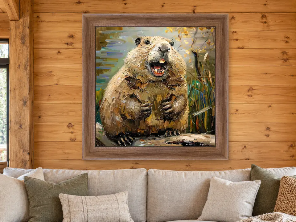 Peaceful Resonance Beaver Framed Wall Art framed on a wall