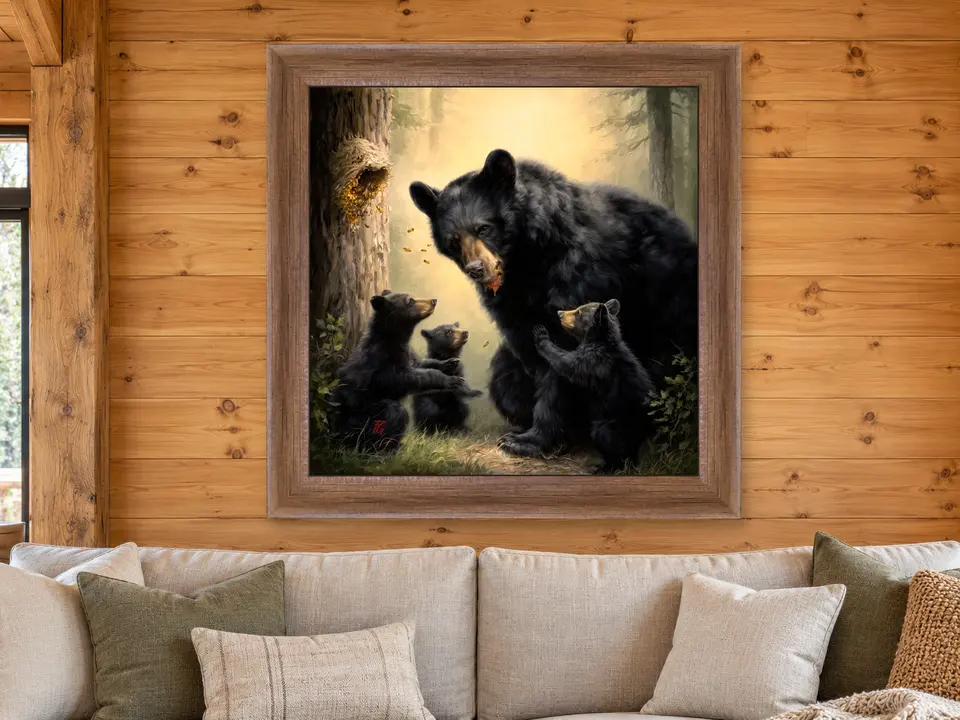 Peaceful Vista Black Bear Framed Wall Art framed on a wall