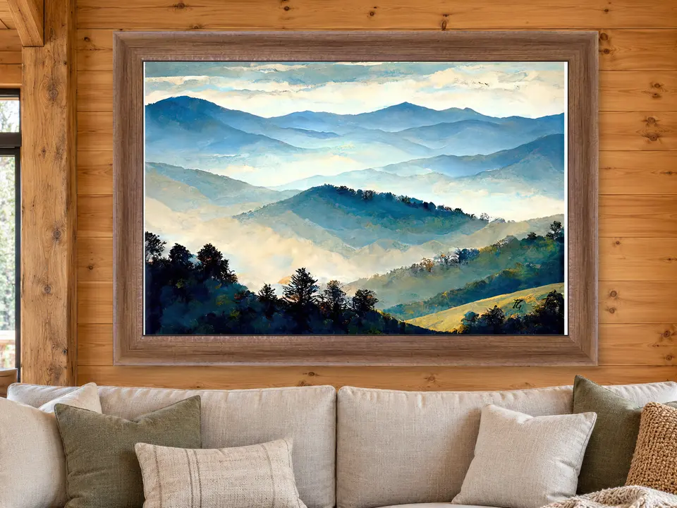 Silent Reverie Mountain Landscape Framed Wall Art framed on a wall