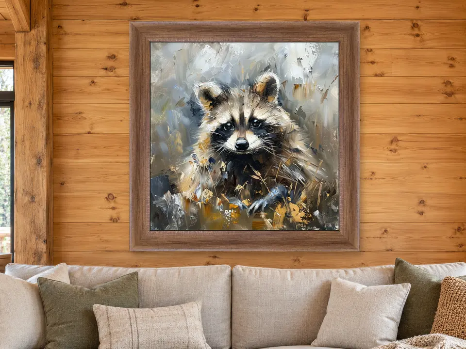 Quiet Woodland Raccoon Framed Wall Art framed on a wall
