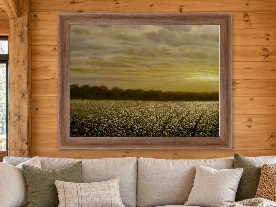 Calm Comfort Cotton Field Framed Wall Art framed on a wall