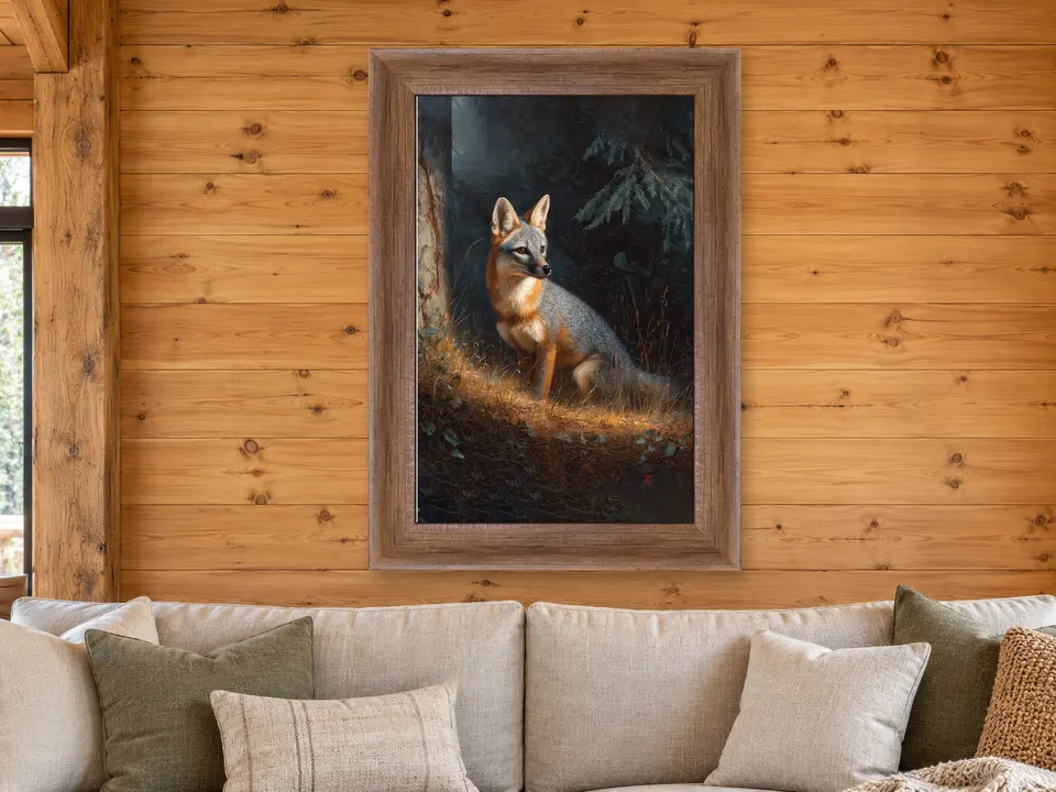 Wistful Echo Gray Fox Framed Wall Art framed on a wall