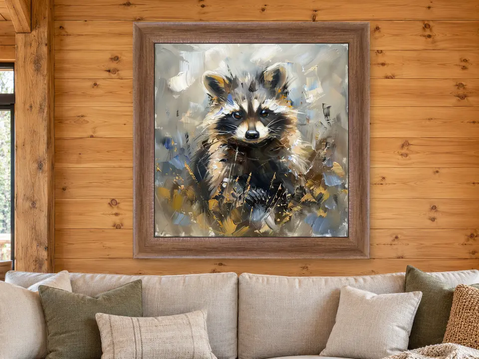 Calm Resonance Raccoon Framed Wall Art framed on a wall