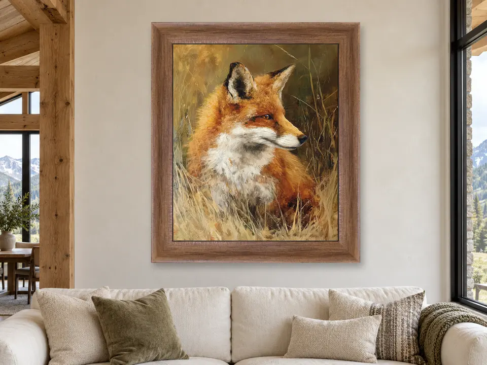 Hidden Horizon Red Fox Framed Wall Art framed on a wall