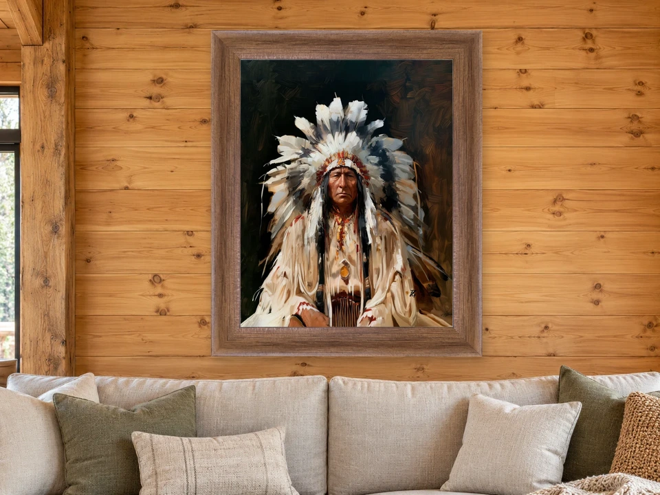 Timeless Echo Feathered Headdress Portrait Framed Wall Art framed on a wall