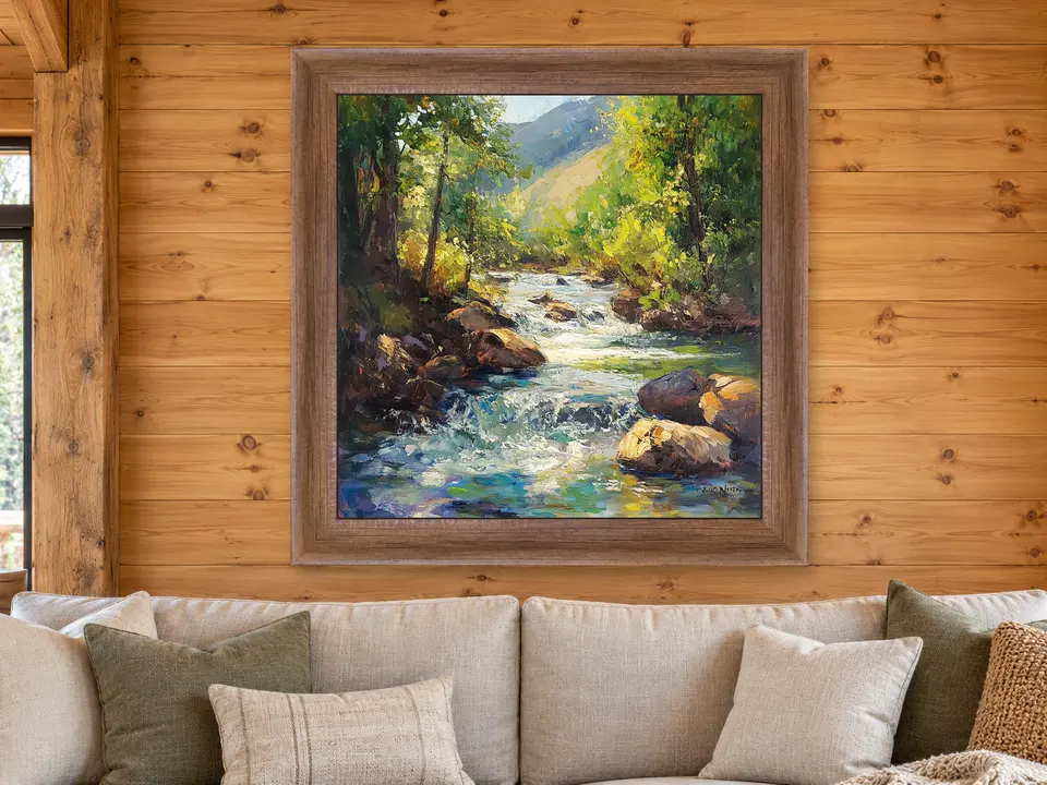 Gentle Repose Forest Creek Framed Wall Art framed on a wall