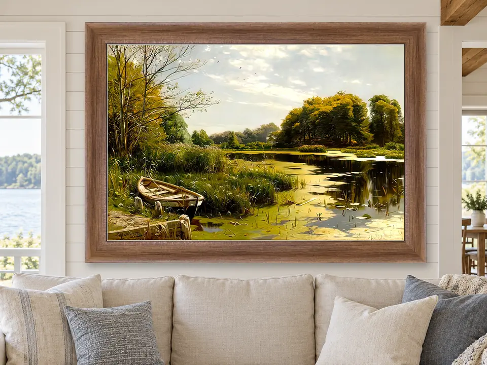 Silent Sanctuary Boat Landscape Framed Wall Art framed on a wall