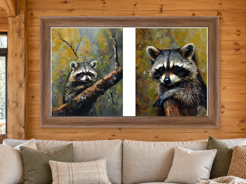 Open Serenity Raccoon Pair Framed Wall Art framed on a wall