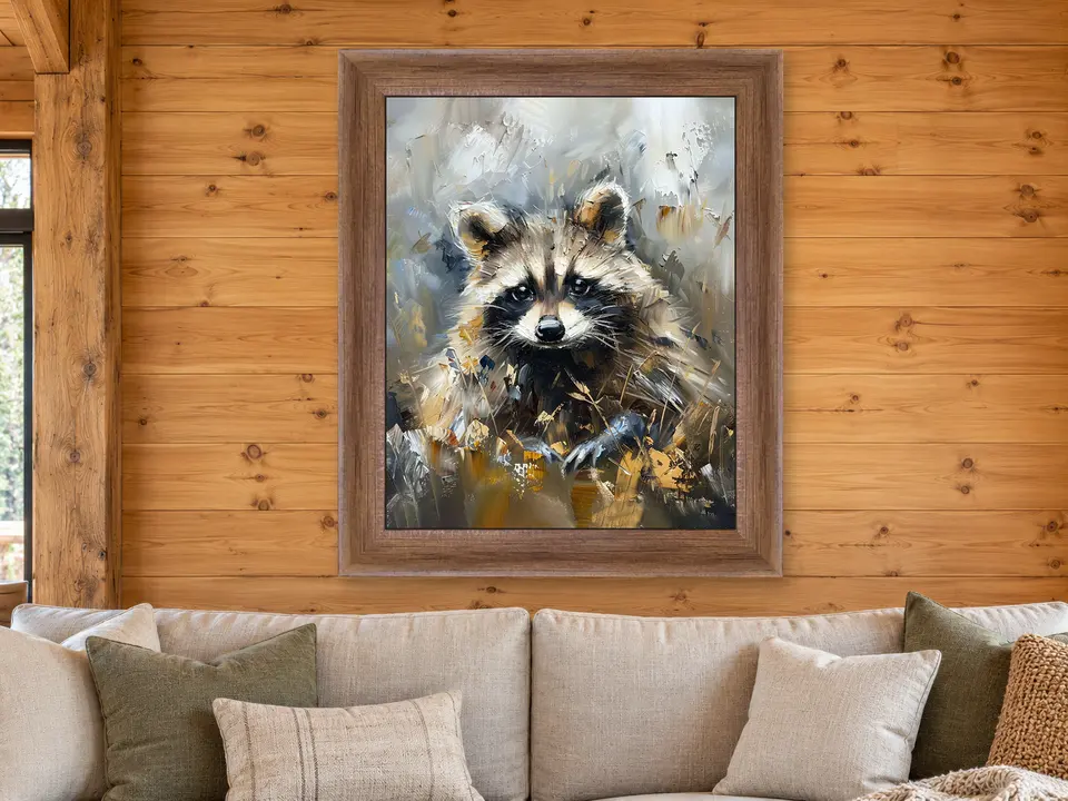 Still Grace Raccoon Framed Wall Art framed on a wall