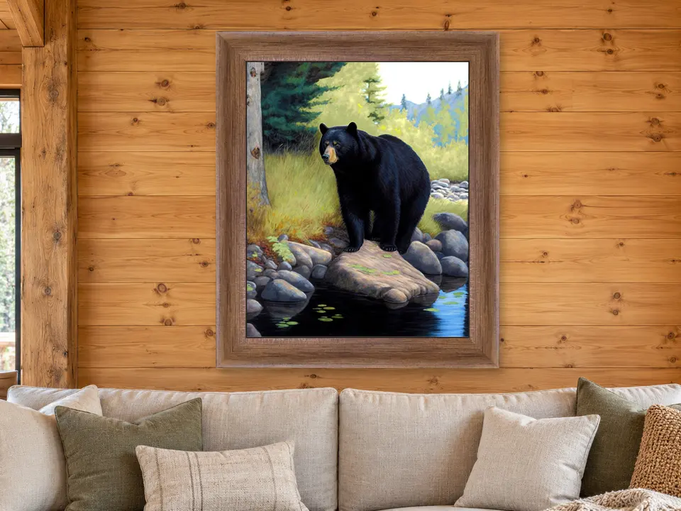 Distant Repose Black Bear Framed Wall Art framed on a wall