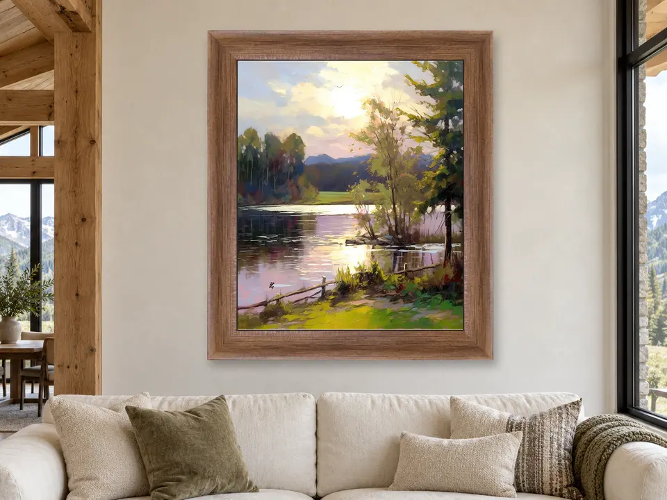 Wandering Presence Lake Landscape Framed Wall Art framed on a wall