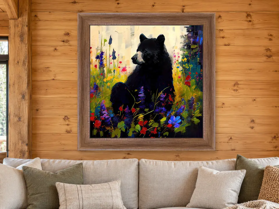 Distant Grace Black Bear Framed Wall Art framed on a wall