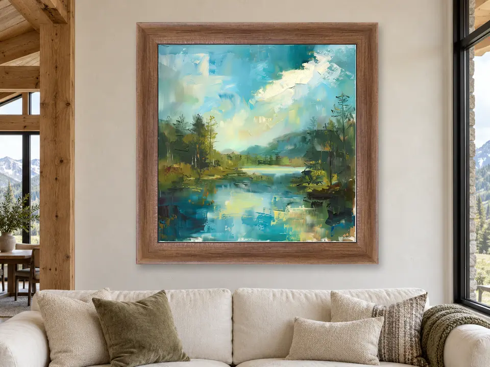 Enduring Essence Lake Landscape Framed Wall Art framed on a wall