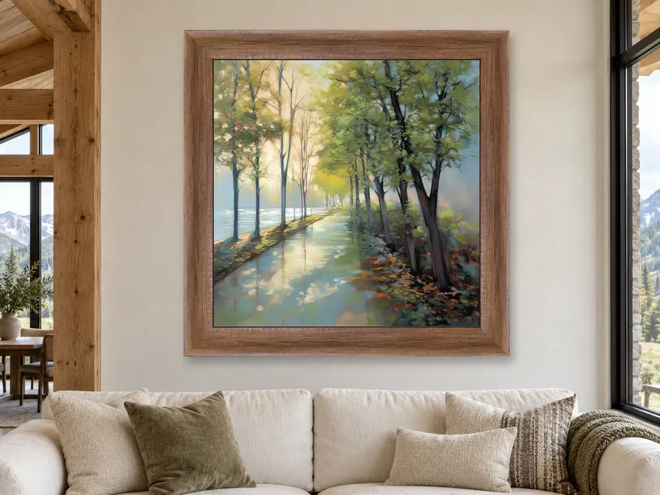 Peaceful Perspective River Landscape Framed Wall Art framed on a wall