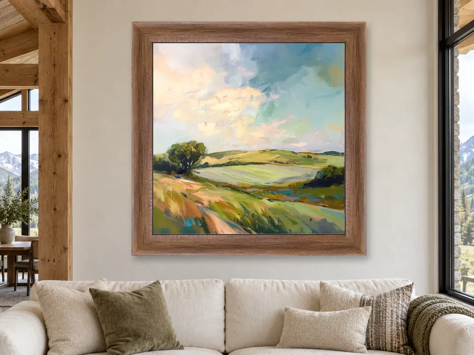 Wistful Breeze Landscape Framed Wall Art framed on a wall