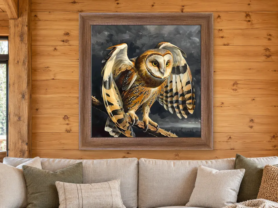 Hidden Musing Barn Owl Framed Wall Art framed on a wall