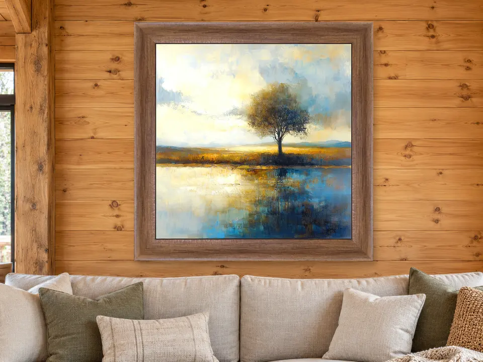 Distant Stillness Tree Landscape Framed Wall Art framed on a wall