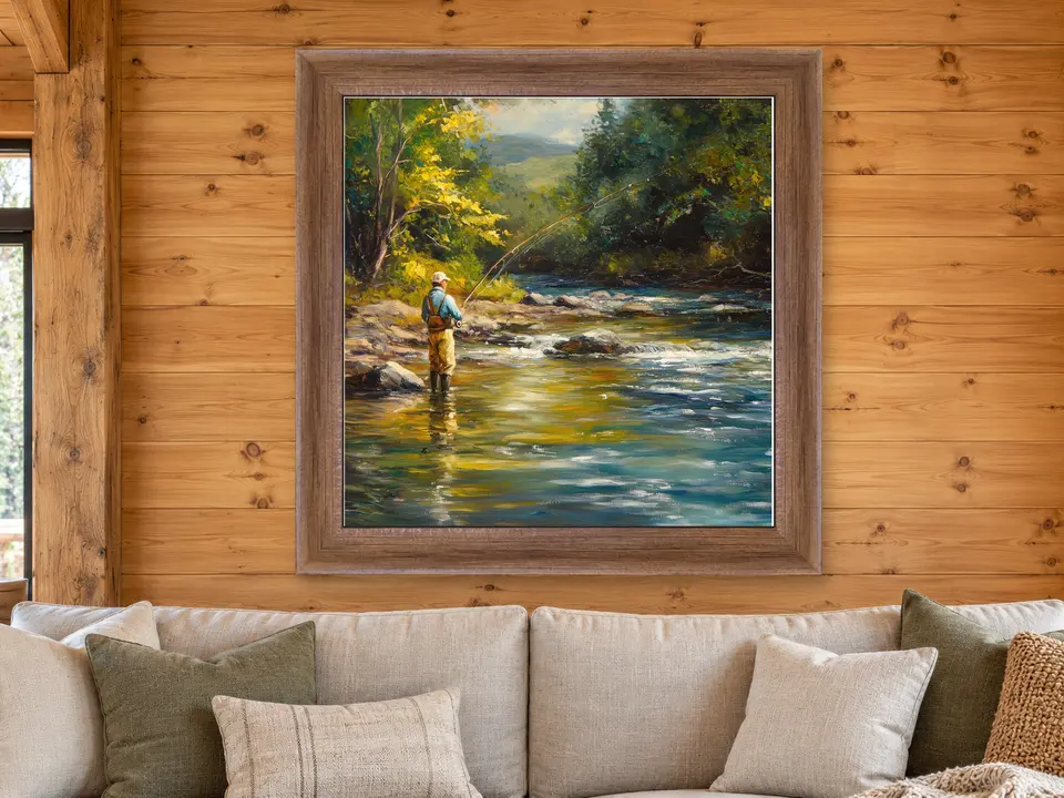Quiet Cadence Fishing Scene Framed Wall Art framed on a wall
