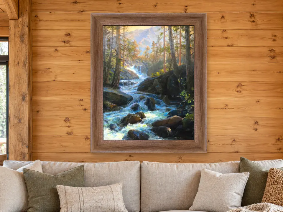 Timeless Vista Waterfall Framed Wall Art framed on a wall