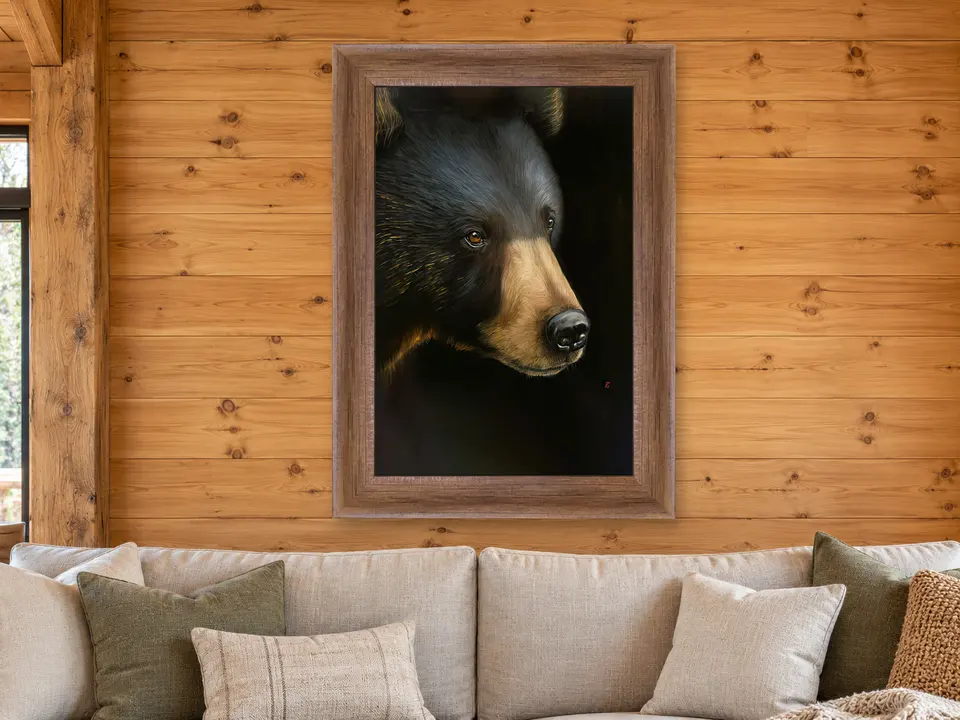 Enduring Musing Black Bear Framed Wall Art framed on a wall