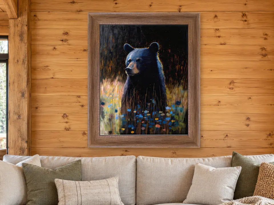 Calm Harmony Black Bear Framed Wall Art framed on a wall