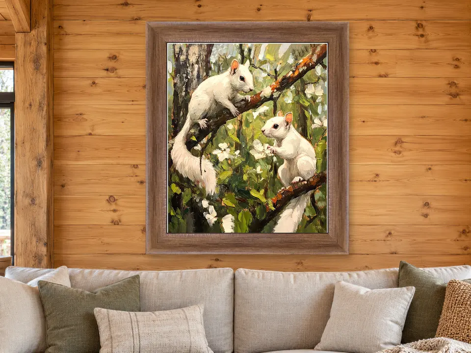 Wandering Tranquility White Squirrel Framed Wall Art framed on a wall