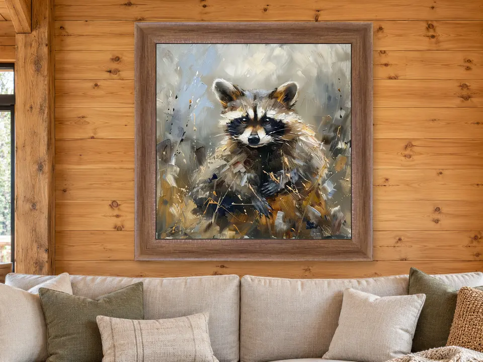 Quiet Promise Raccoon Framed Wall Art framed on a wall