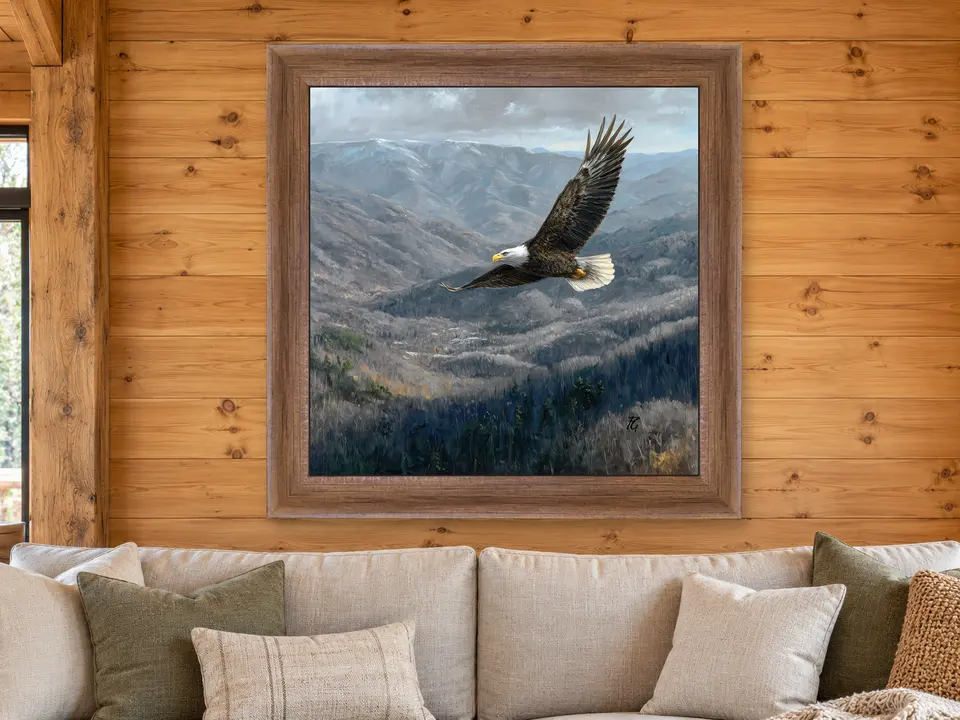 Wandering Resonance Bald Eagle Framed Wall Art framed on a wall