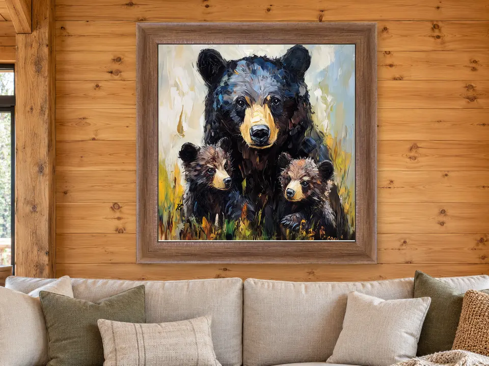 Open Whisper Black Bear Framed Wall Art framed on a wall