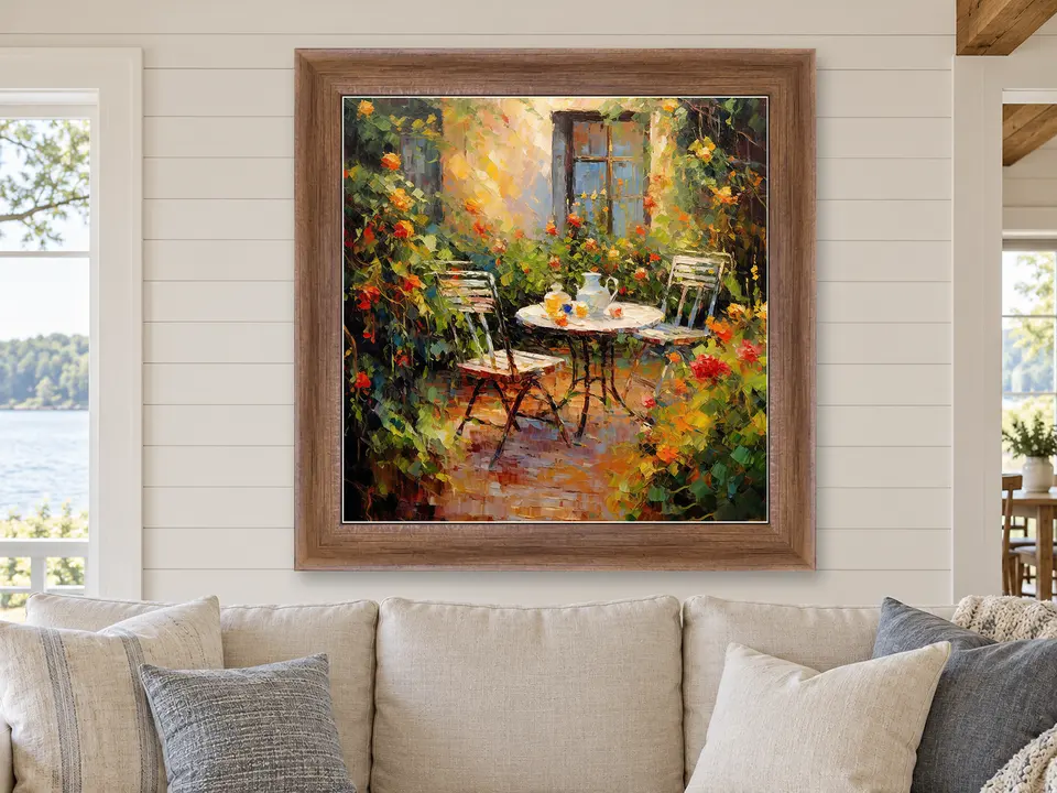 Peaceful Serenity Garden Scene Framed Wall Art framed on a wall
