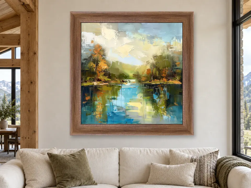 Quiet Stillness Lake Landscape Framed Wall Art framed on a wall