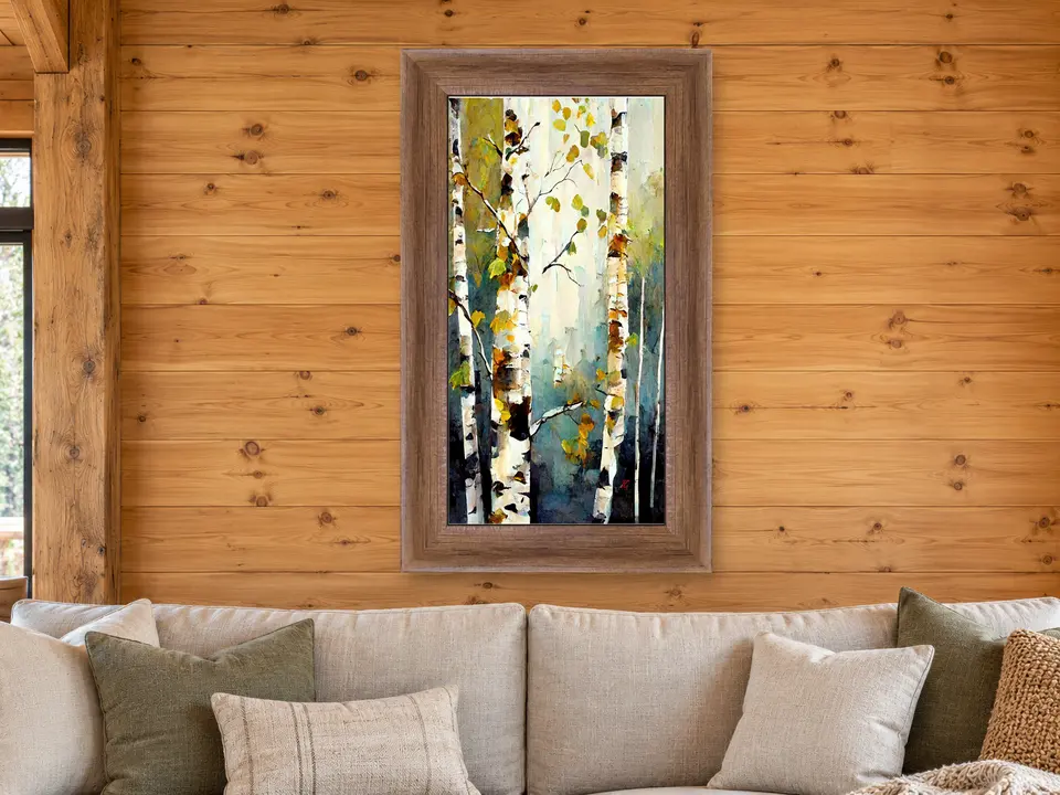 Gentle Cadence Birch Woodland Framed Wall Art framed on a wall