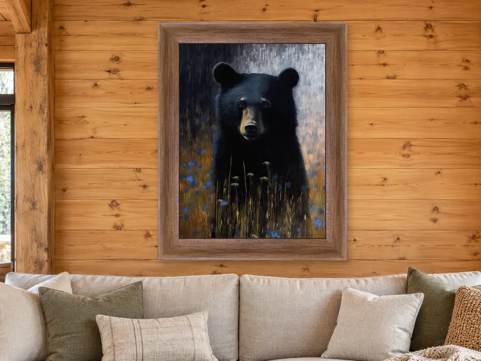 Still Horizon Black Bear Framed Wall Art framed on a wall