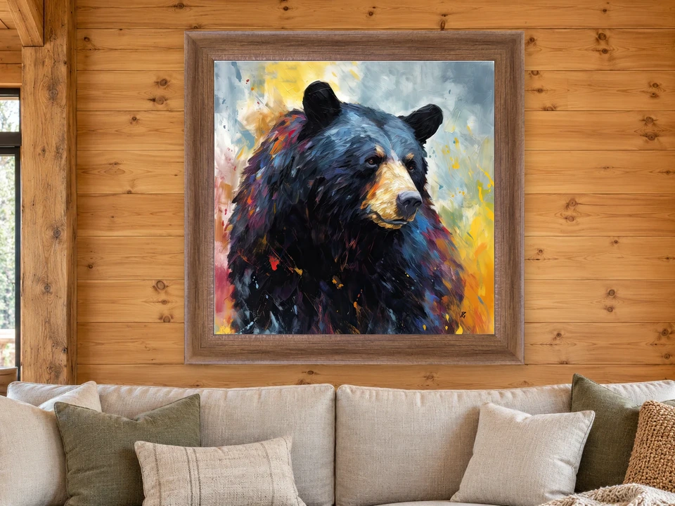Wistful Presence Black Bear Framed Wall Art framed on a wall