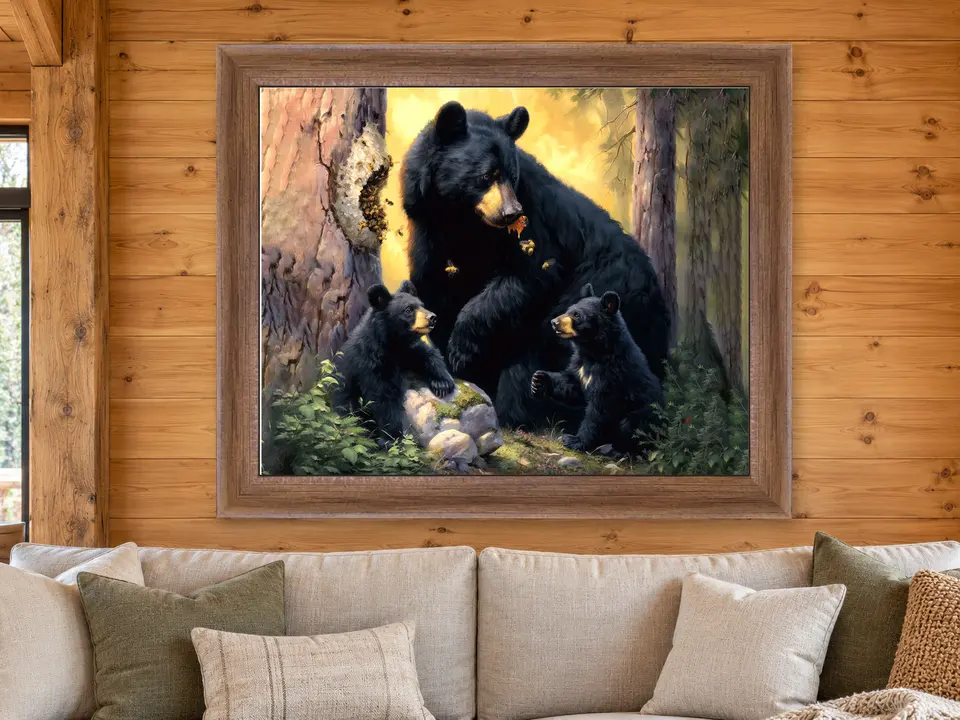 Calm Passage Black Bear Framed Wall Art framed on a wall