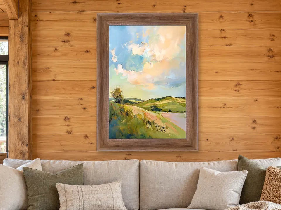 Soft Tranquility Riverbank Landscape Framed Wall Art framed on a wall