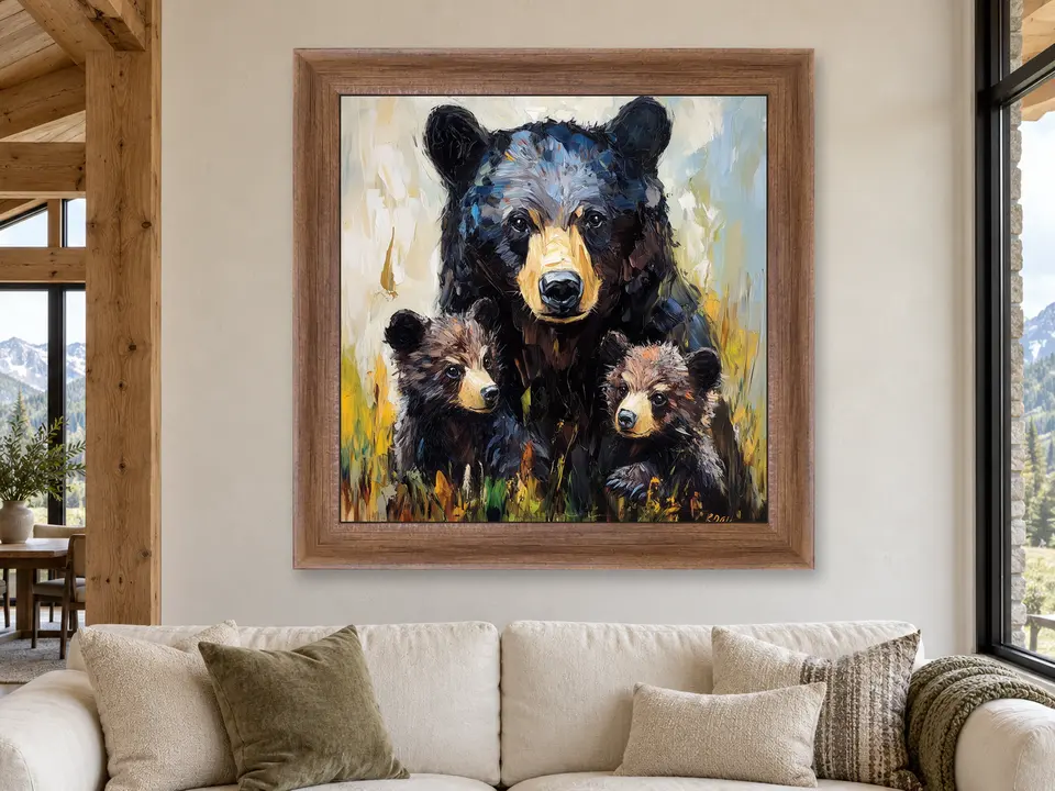 Peaceful Echo Black Bear Framed Wall Art framed on a wall