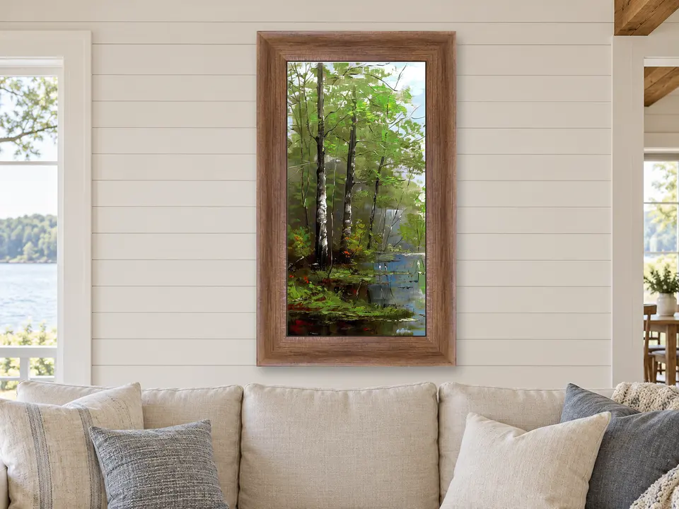 Calm Horizon Pond Landscape Framed Wall Art framed on a wall