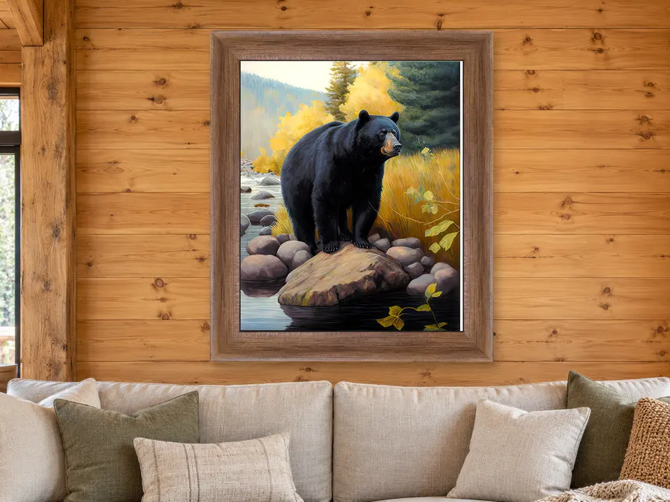 Distant Passage Black Bear Framed Wall Art framed on a wall