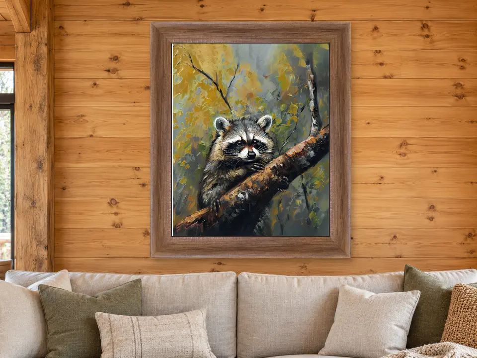 Wistful Awakening Raccoon Framed Wall Art framed on a wall